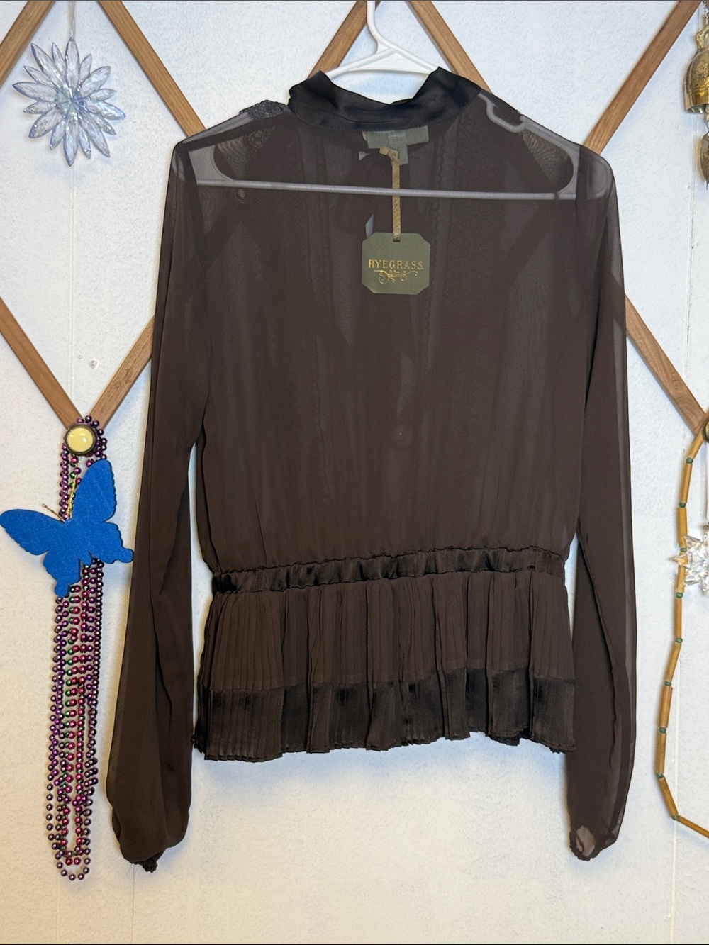 Brown Sheer Lace-Trim Peplum Blouse - Picture 7 of 7
